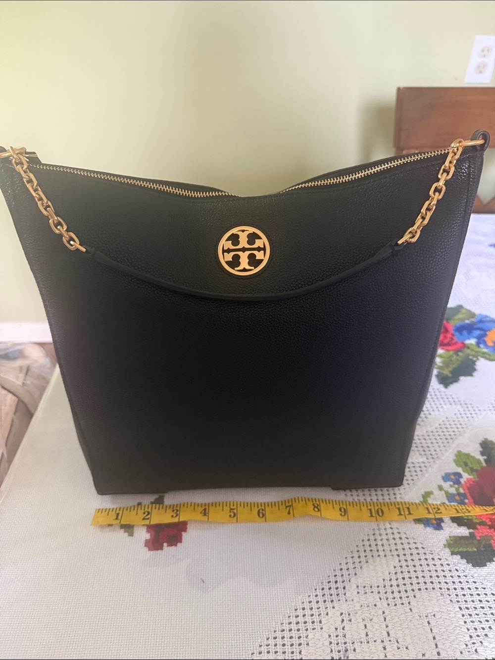 Tory Burch Black Pebbled Leather Shoulder Hobo with Gold Logo Chain
